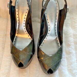 BCBGirls Green Patent Leather Peep-Toe Slingback Heels Women's Size 7 1/2B
